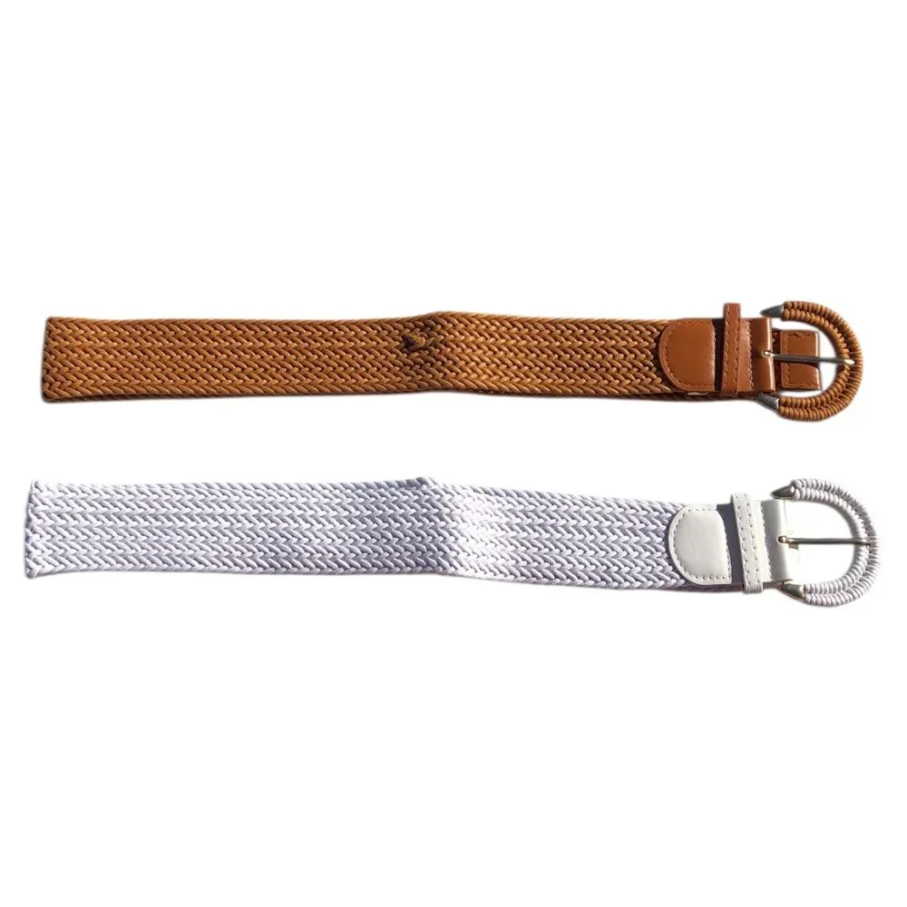 Women's Woven Stretch Belt Set Brown & White Braided Elastic, One Size